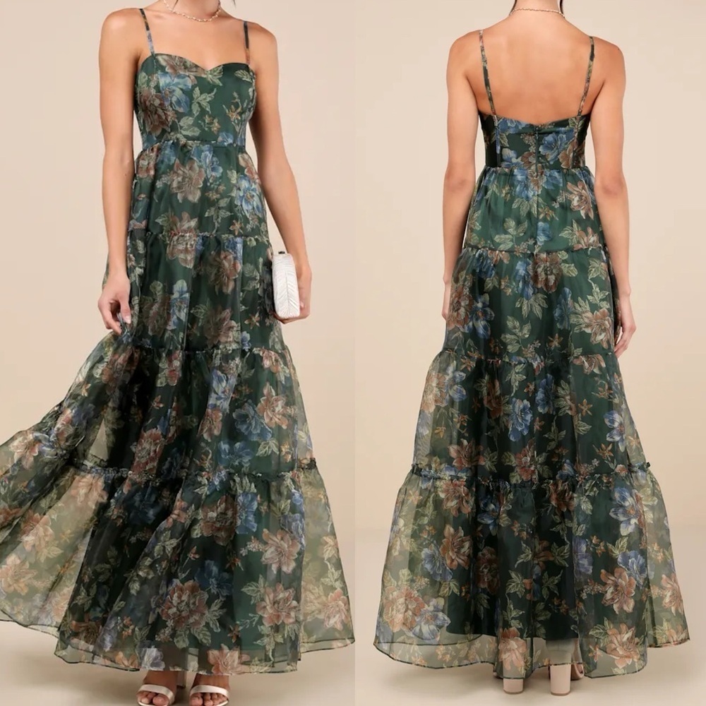 NWOT Exclusive Glamour Green Floral Organza Tiered Maxi Dress